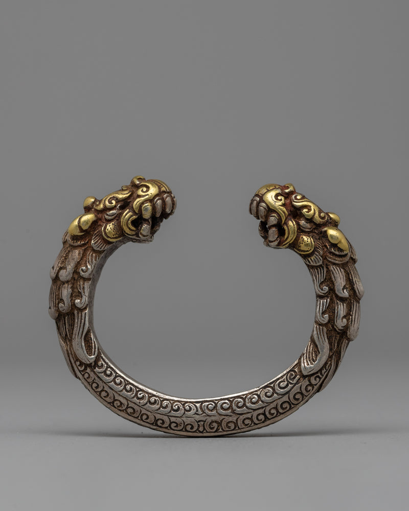 Exquisite Newari Dragon-Head Bracelet | Vintage Silver Bracelet with Gold Accents