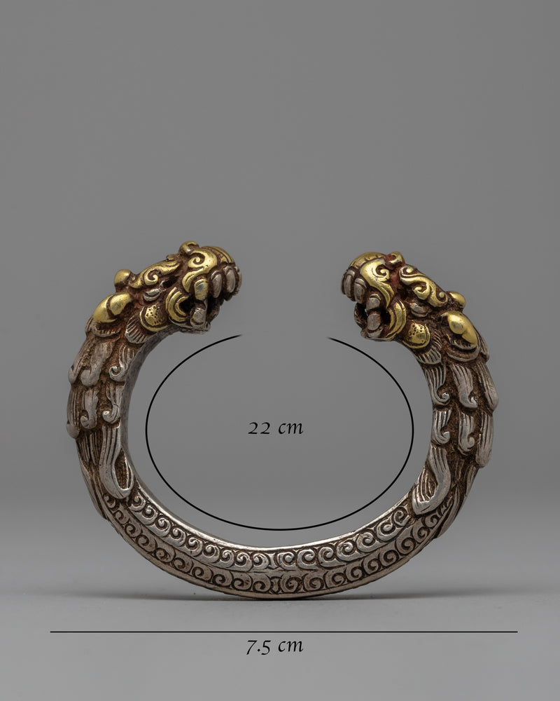 Exquisite Newari Dragon-Head Bracelet | Vintage Silver Bracelet with Gold Accents