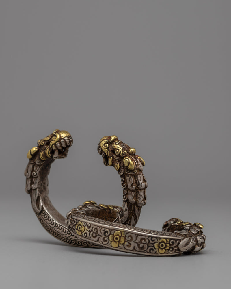 Exquisite Newari Dragon-Head Bracelet | Vintage Silver Bracelet with Gold Accents