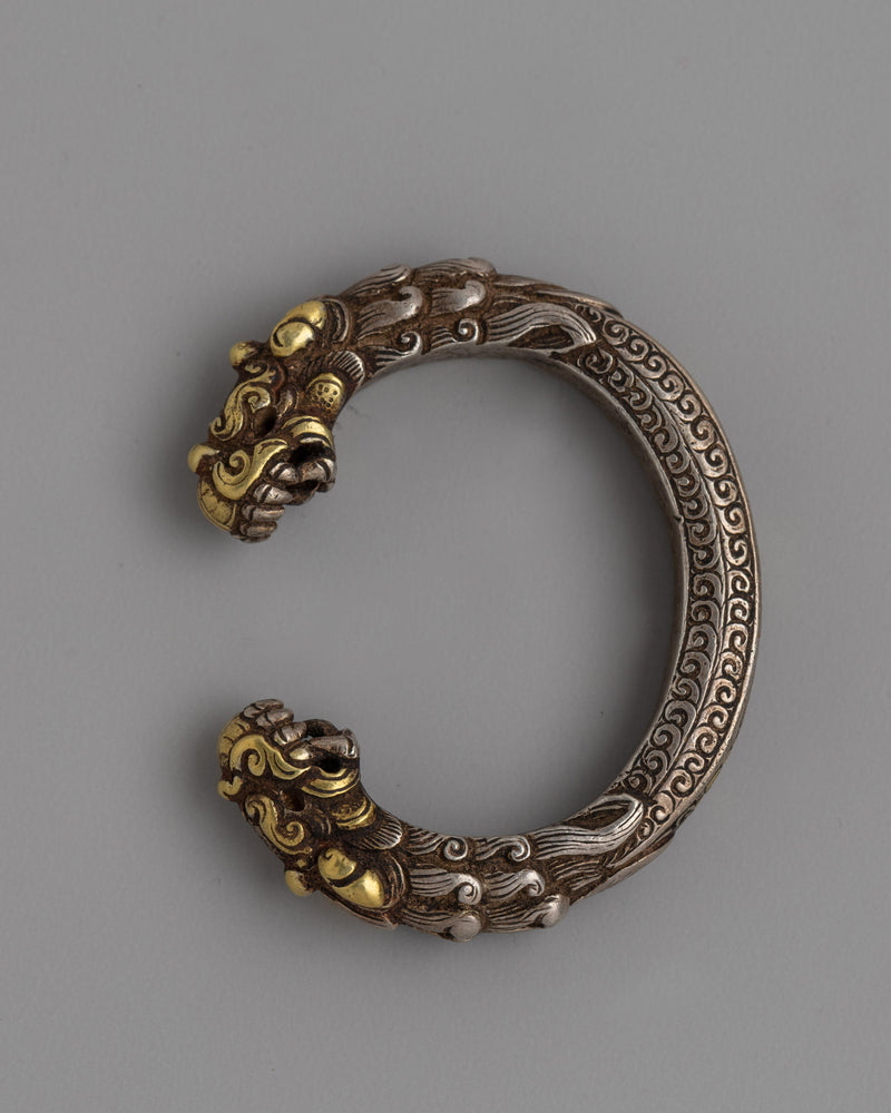 Exquisite Newari Dragon-Head Bracelet | Vintage Silver Bracelet with Gold Accents