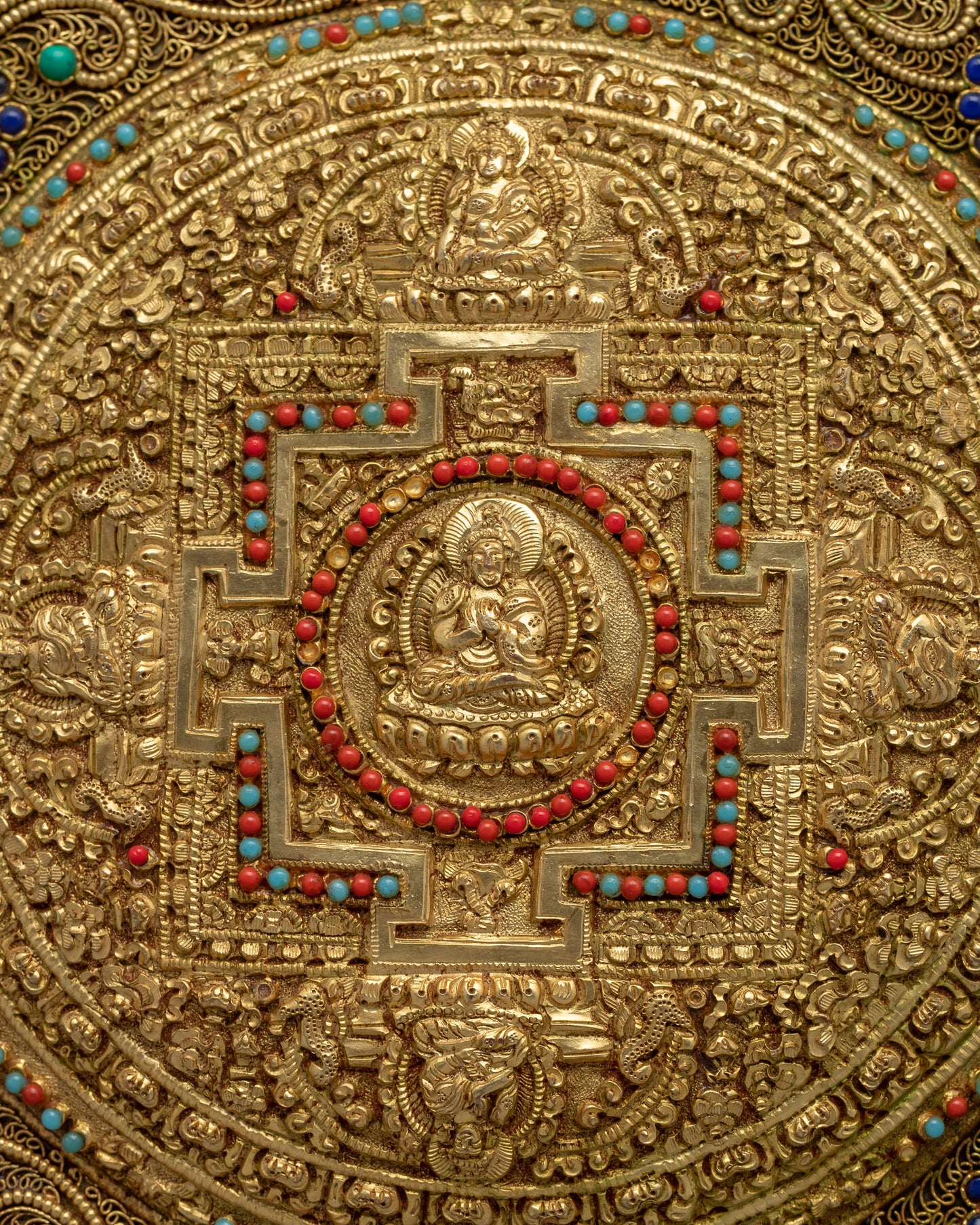 Intricate Copper Mandala Thangka | Decorative Wall Art for Buddhist Practices