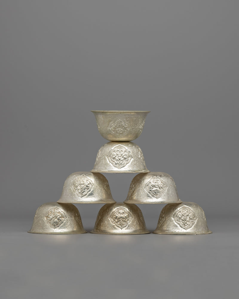 Silver-Plated Water Offering Bowls | Buddhist Altar Set for Spiritual Practices