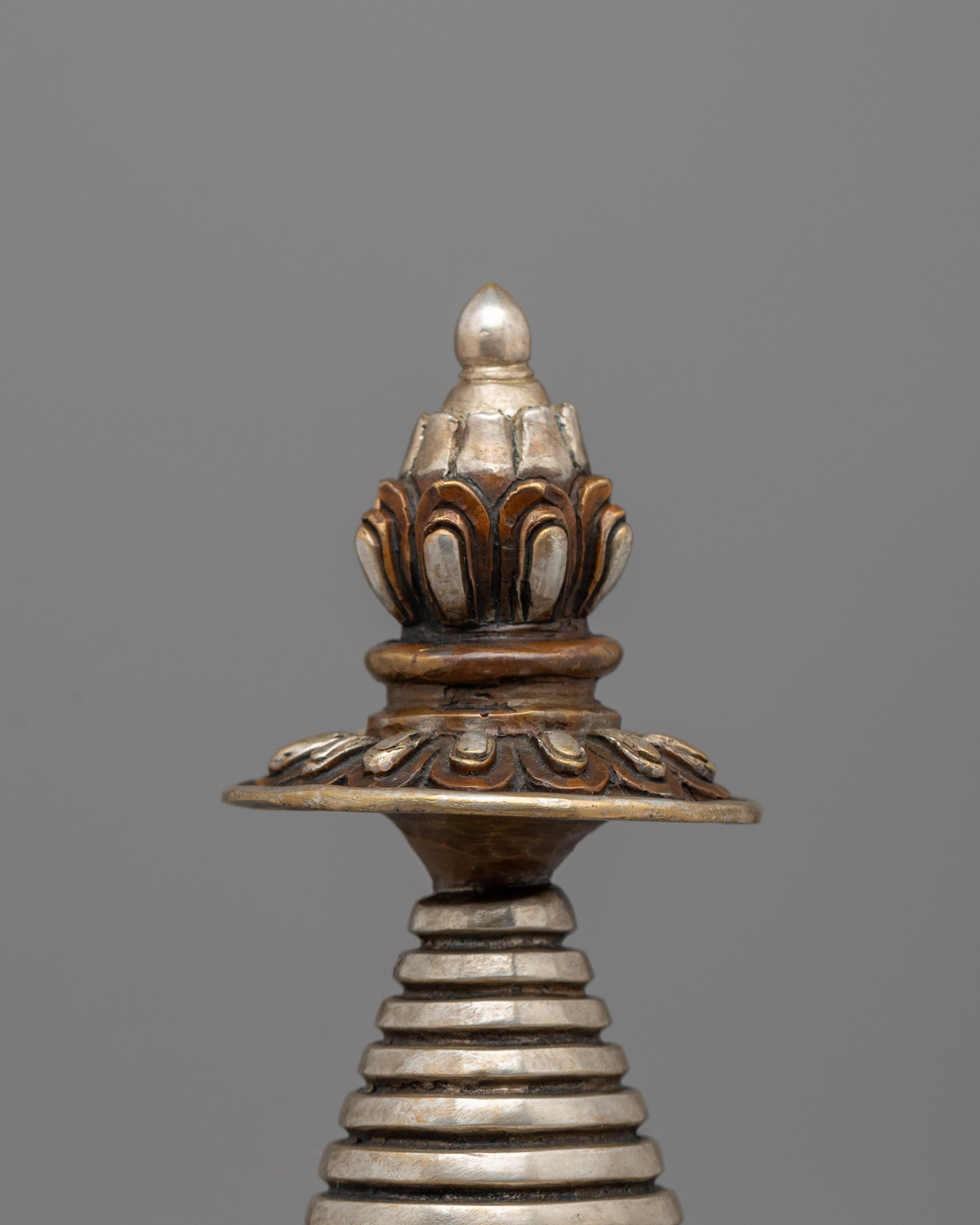 Elegant Tibetan Stupa with Silver Plating | Copper Body with Intricate Silver-Plated Spiral Dome