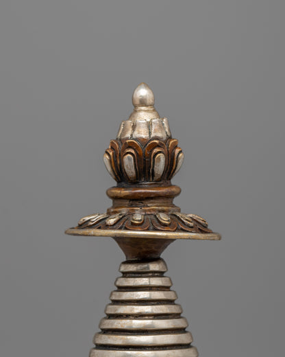 Elegant Tibetan Stupa with Silver Plating | Copper Body with Intricate Silver-Plated Spiral Dome