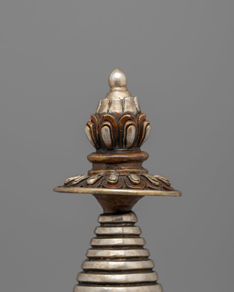 Elegant Tibetan Stupa with Silver Plating | Copper Body with Intricate Silver-Plated Spiral Dome