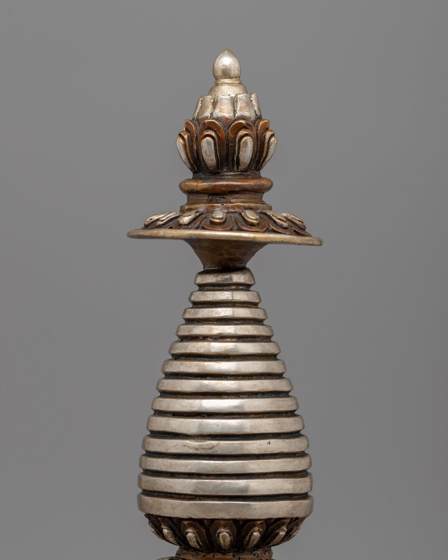 Elegant Tibetan Stupa with Silver Plating | Copper Body with Intricate Silver-Plated Spiral Dome