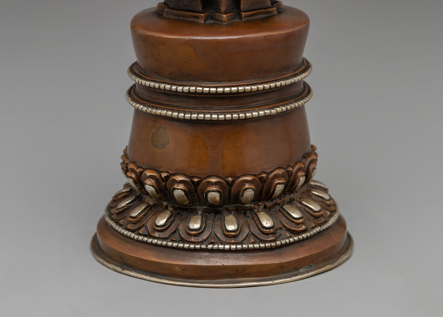 Elegant Tibetan Stupa with Silver Plating | Copper Body with Intricate Silver-Plated Spiral Dome