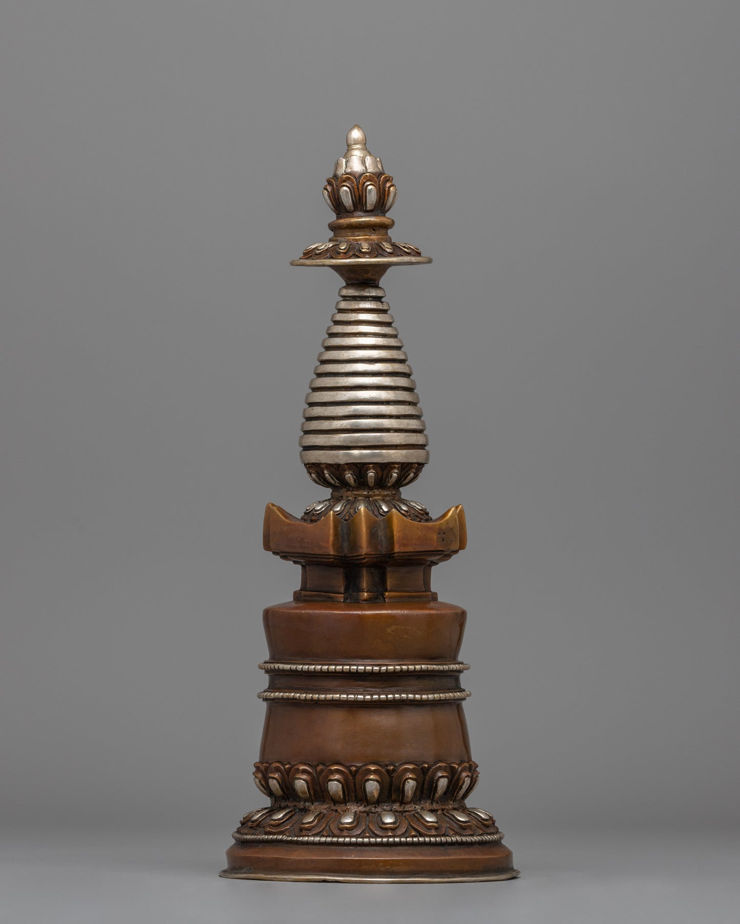 Elegant Tibetan Stupa with Silver Plating | Copper Body with Intricate Silver-Plated Spiral Dome