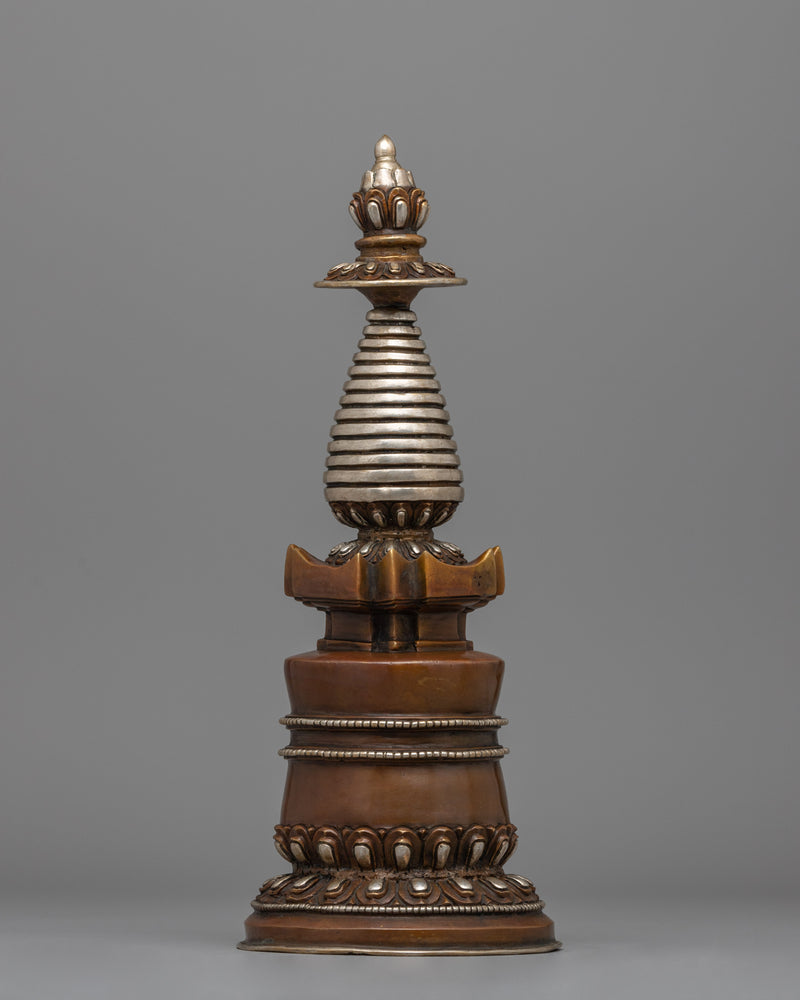 Elegant Tibetan Stupa with Silver Plating | Copper Body with Intricate Silver-Plated Spiral Dome