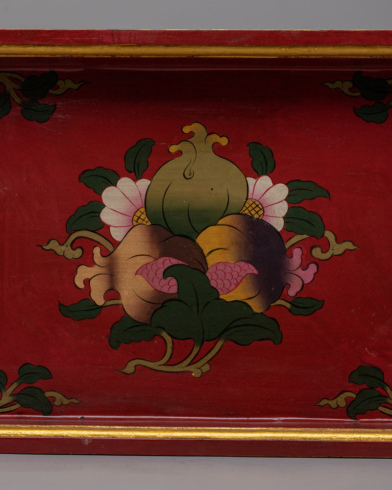 Hand-Painted Wooden Decorative Tibetan Tray | Buddhist Altar Offering Plate