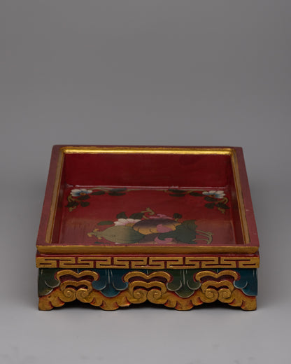 Hand-Painted Wooden Decorative Tibetan Tray | Buddhist Altar Offering Plate