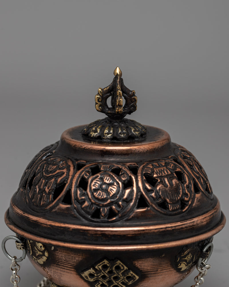 Hanging Tibetan Incense Burner | Brass & Copper Ritual Burner with Sacred Motifs