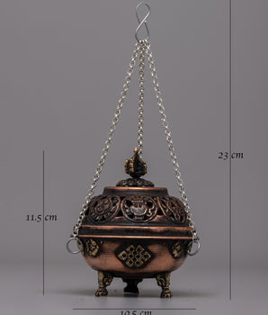 Hanging Tibetan Incense Burner | Brass & Copper Ritual Burner with Sacred Motifs
