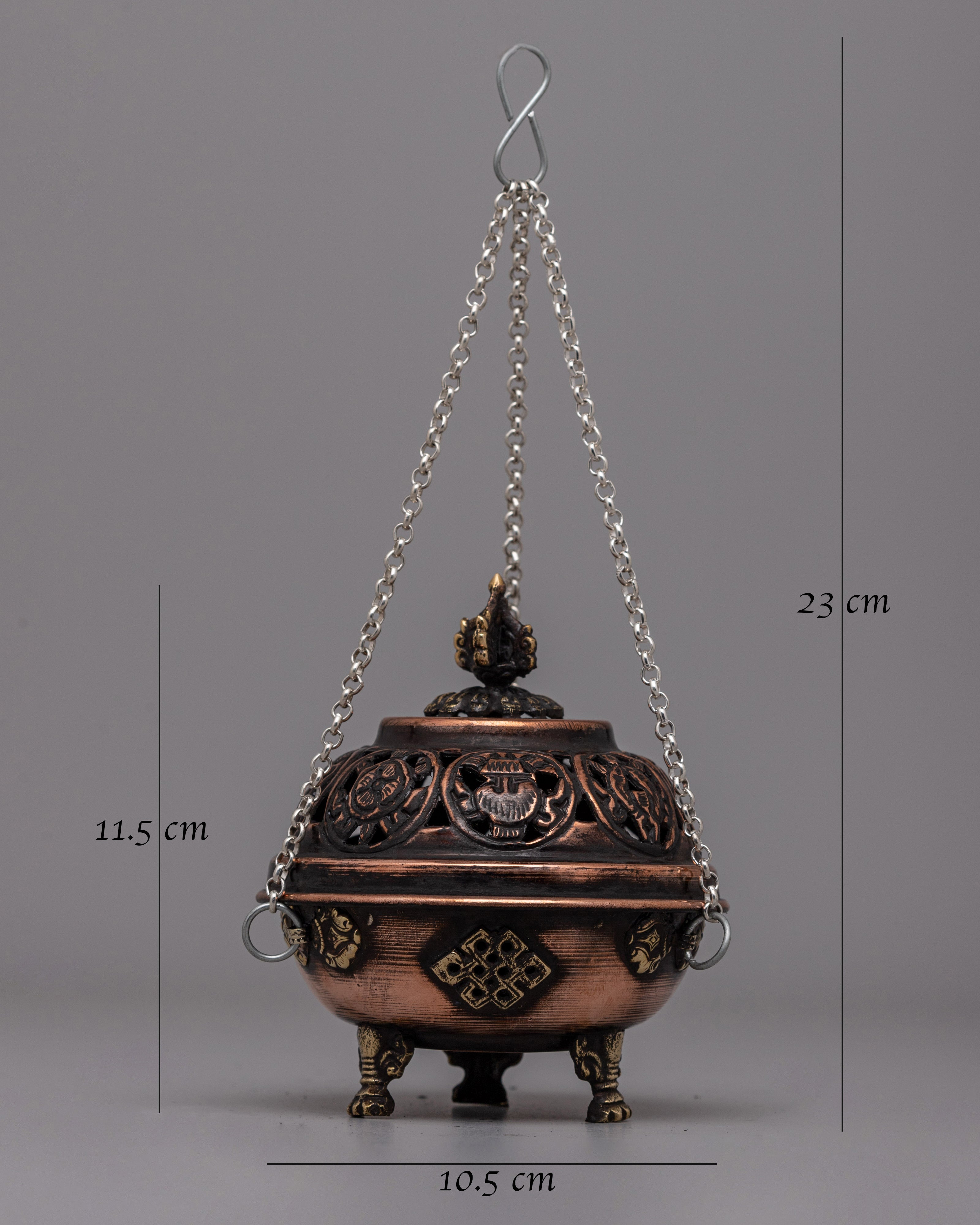 Hanging Tibetan Incense Burner | Brass & Copper Ritual Burner with Sacred Motifs