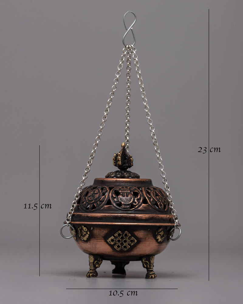 Hanging Tibetan Incense Burner | Brass & Copper Ritual Burner with Sacred Motifs