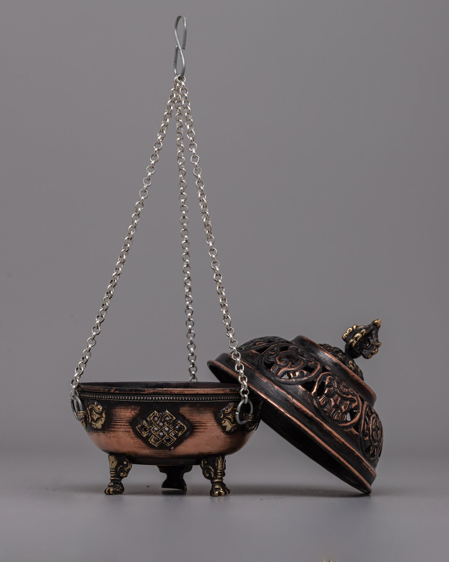 Hanging Tibetan Incense Burner | Brass & Copper Ritual Burner with Sacred Motifs