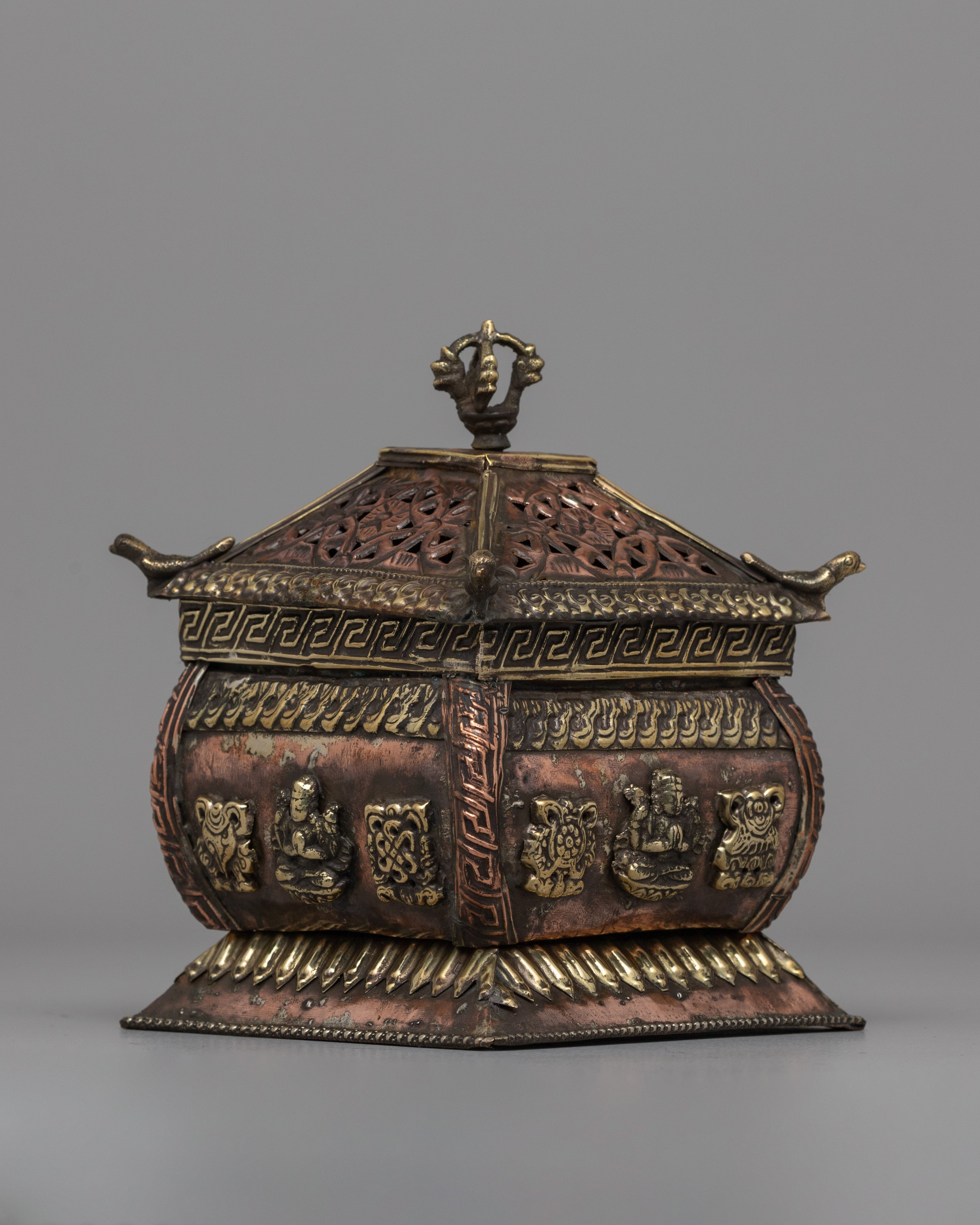 Handcrafted Tibetan Box Incense Burner | Style Brass & Copper Box for Rituals & Meditation