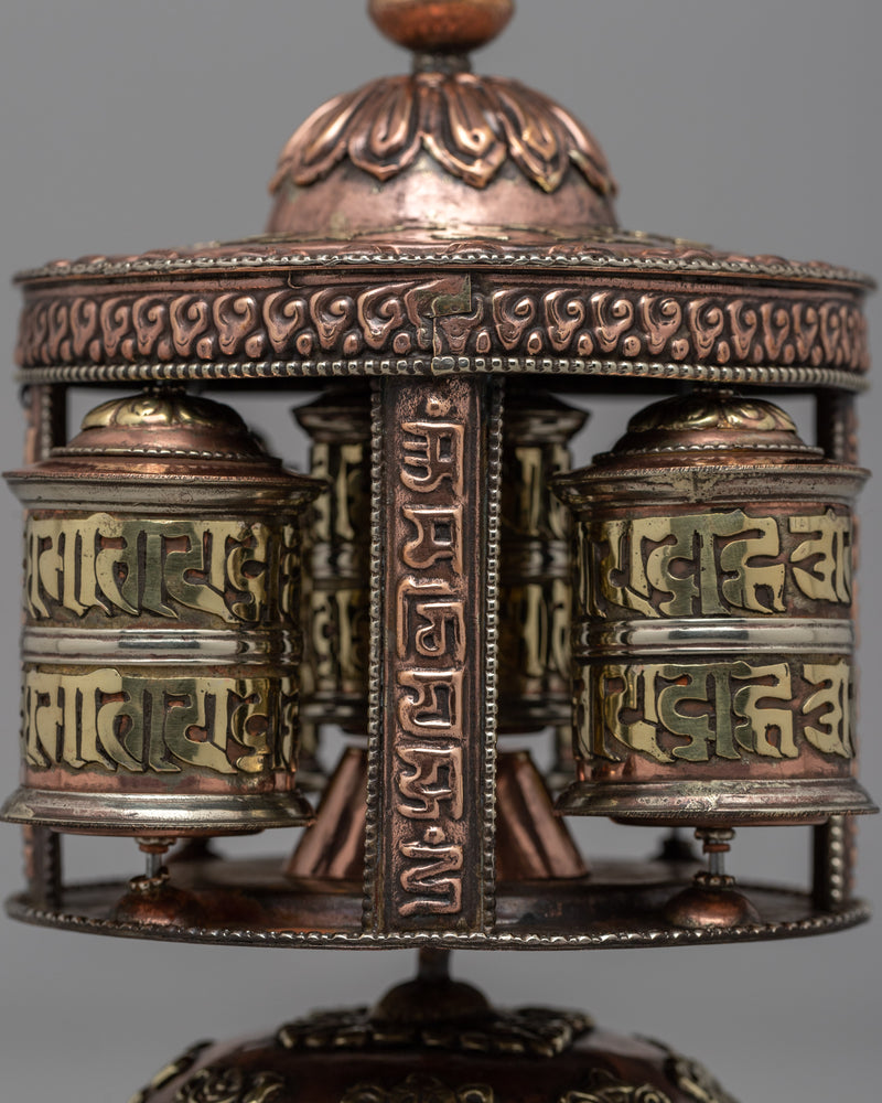 Sacred Buddhist Prayer Wheel | Copper & Brass Multi-Barrel Mani