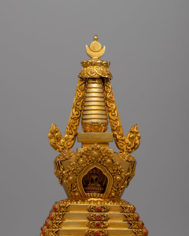 Tibetan Stupa of Enlightenment and Protection | Golden Copper Offering of Wisdom and Compassion