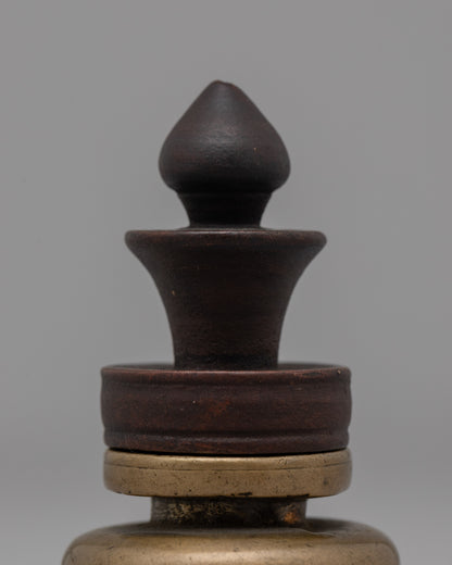 Authentic Tibetan Ink Pot | Portable Bronze and Wood Design, Cultural and Historical Tool