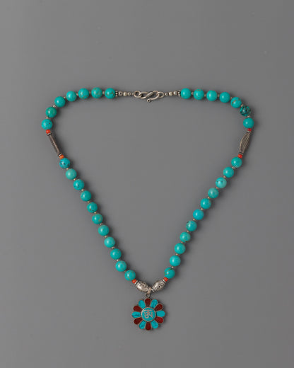 Tibetan-Style Necklace with Turquoise Beads | Spiritual Protection Jewelry