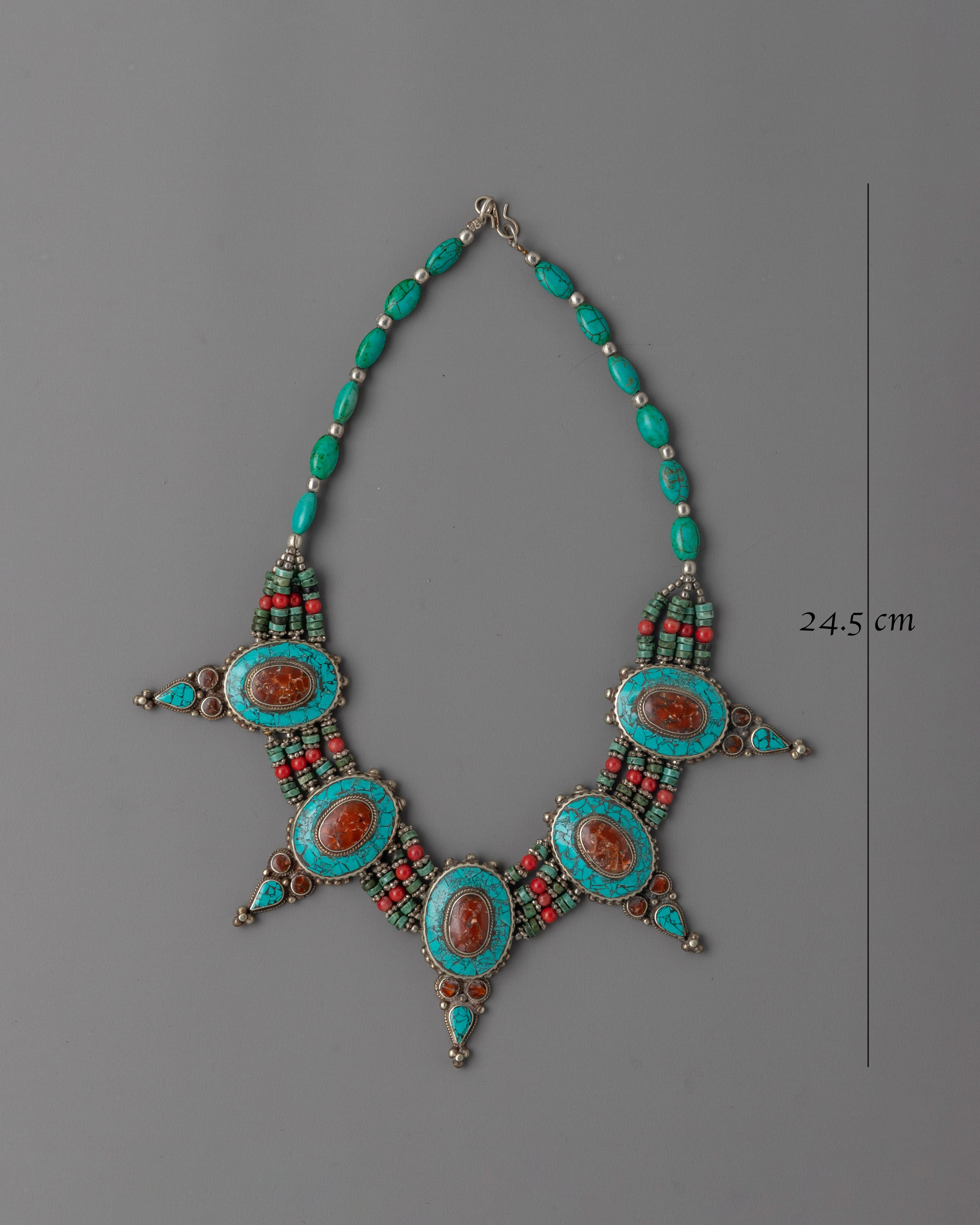 Tibetan-Style Traditional Necklace | Turquoise & Coral Inlays