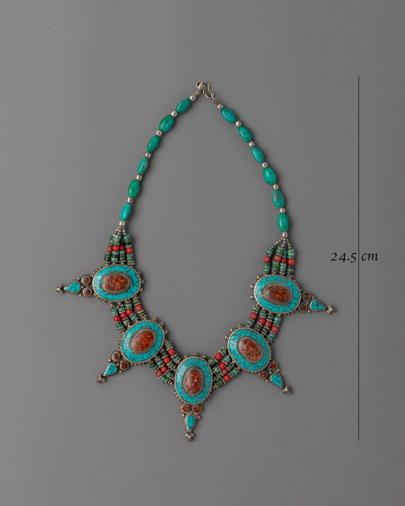 Tibetan-style Traditional Necklace | Turquoise & Coral Inlays | Spiritual Protection Jewelry