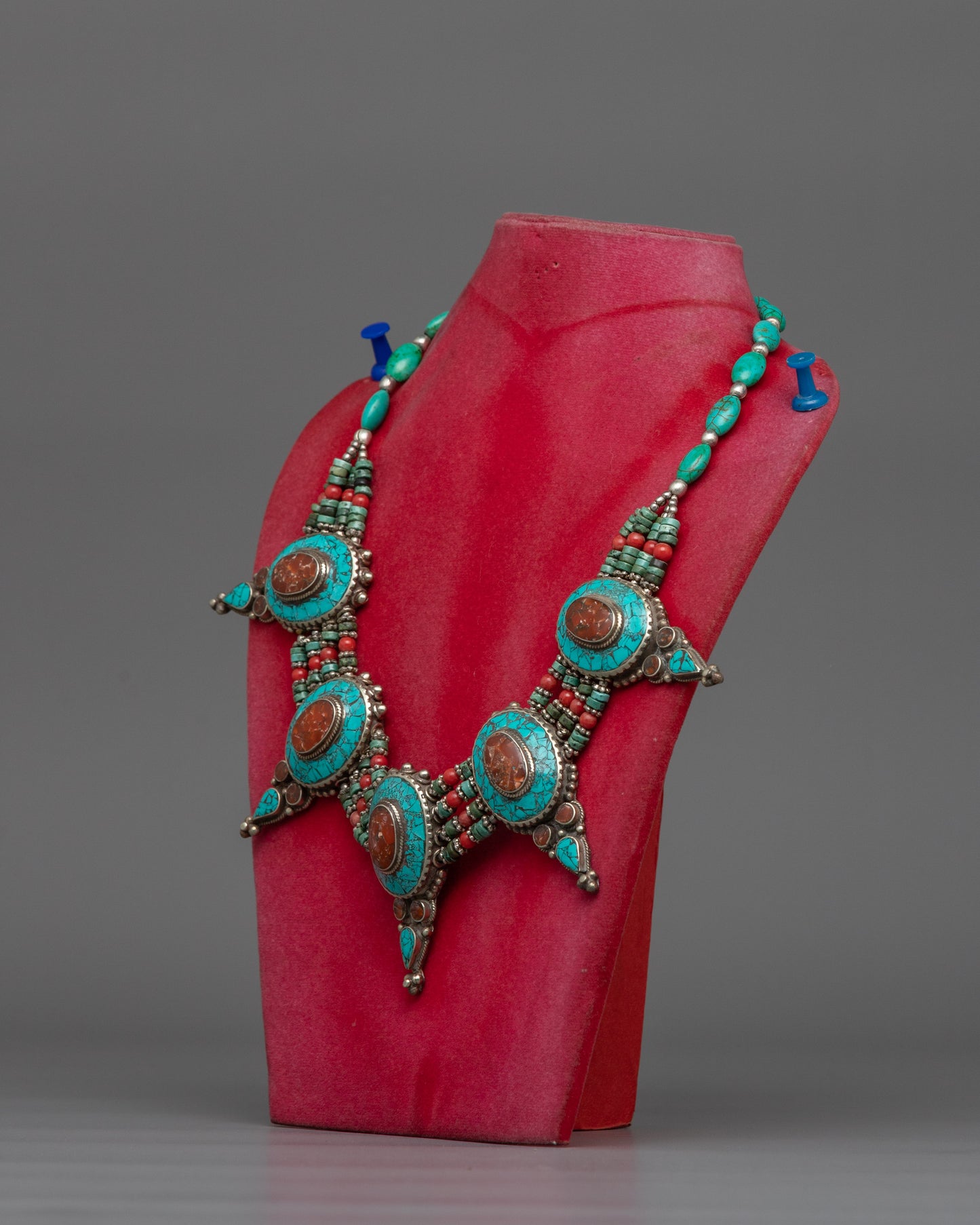 Tibetan-style Traditional Necklace | Turquoise & Coral Inlays | Spiritual Protection Jewelry