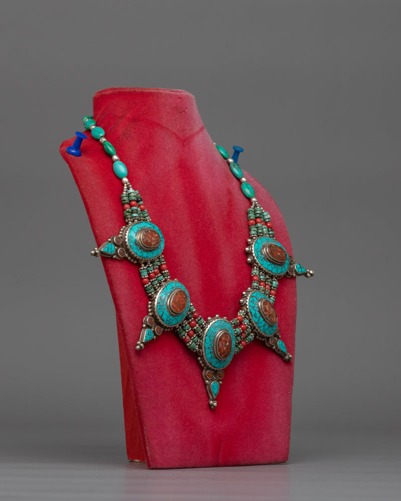 Tibetan-style Traditional Necklace | Turquoise & Coral Inlays | Spiritual Protection Jewelry