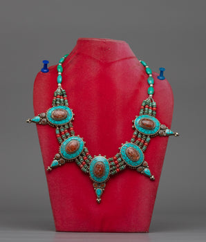 Tibetan-Style Traditional Necklace | Turquoise & Coral Inlays
