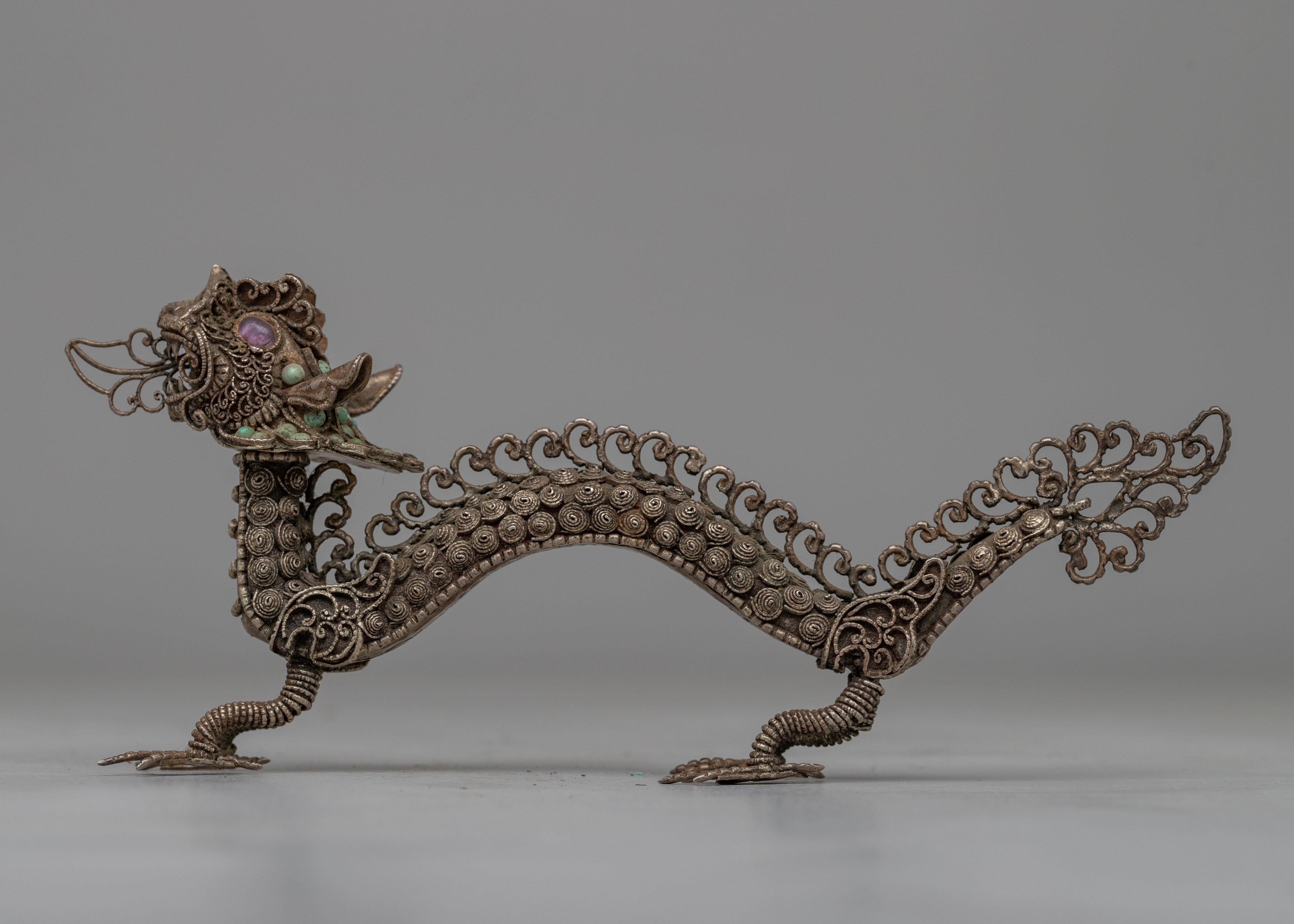 Elegant Silver Filigree Dragon Statue | Buddhist-Inspired Home Decor
