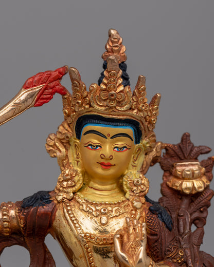 Manjushri Oxidized Copper Statue | Wisdom Deity Gold-Plated Statue for Altar or Decor