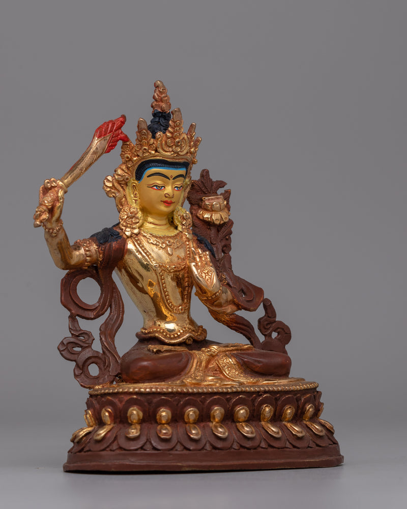 Manjushri Oxidized Copper Statue | Wisdom Deity Gold-Plated Statue for Altar or Decor