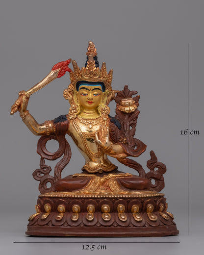 Manjushri Oxidized Copper Statue | Wisdom Deity Gold-Plated Statue for Altar or Decor