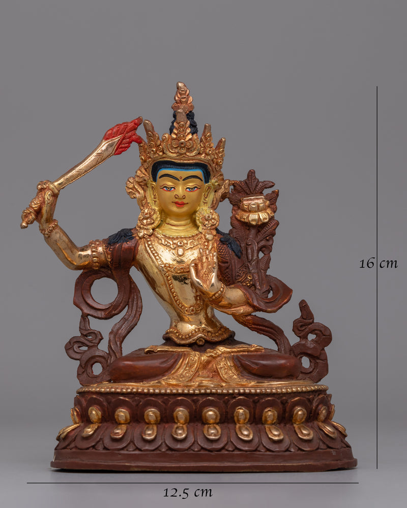 Manjushri Oxidized Copper Statue | Wisdom Deity Gold-Plated Statue for Altar or Decor