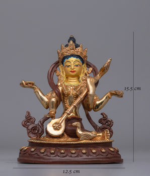 Handmade Gold plated Saraswati Statue | Oxidized Copper Wisdom Goddess Statue for Altars