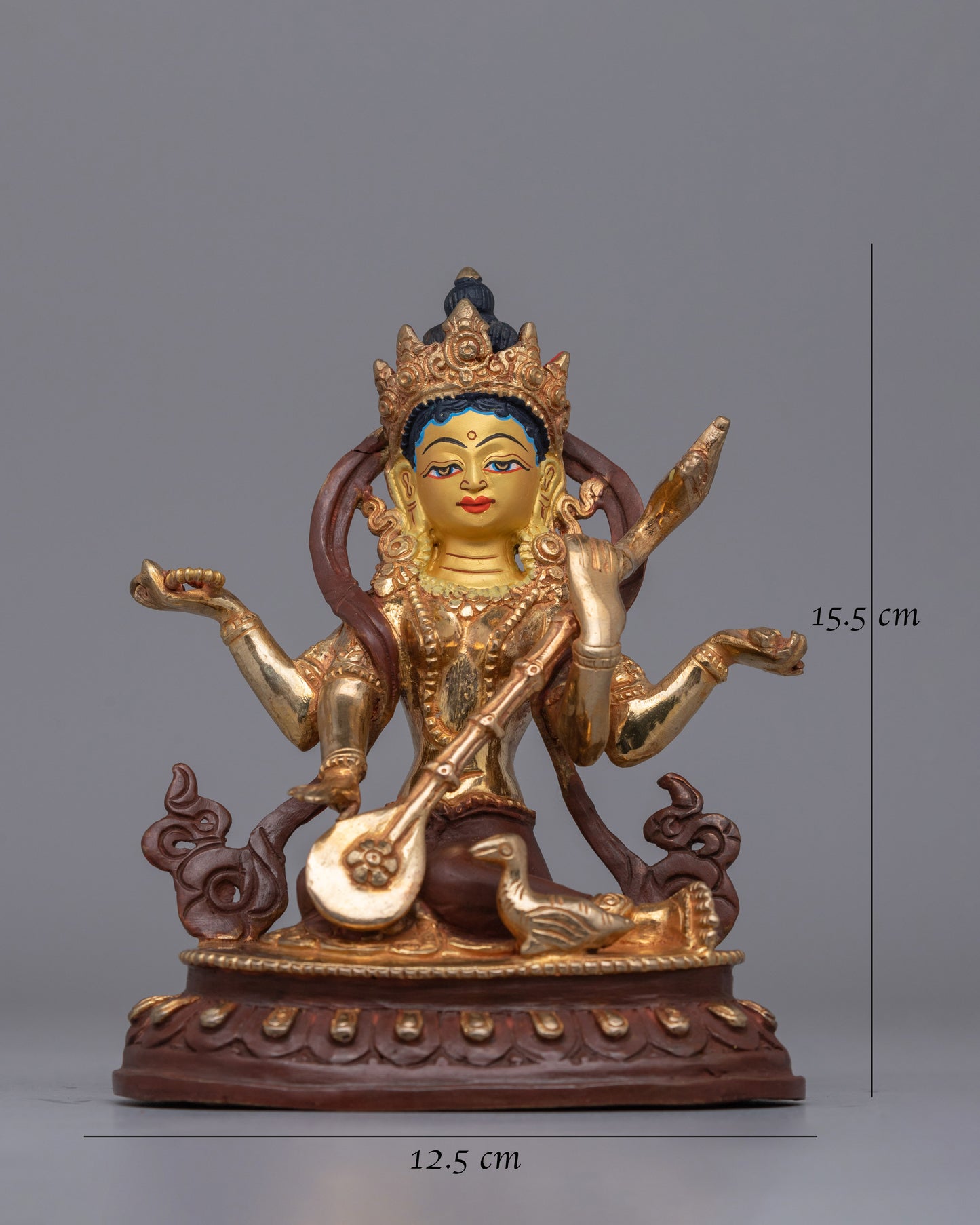 Handmade Gold plated Saraswati Statue | Oxidized Copper Wisdom Goddess Statue for Altars