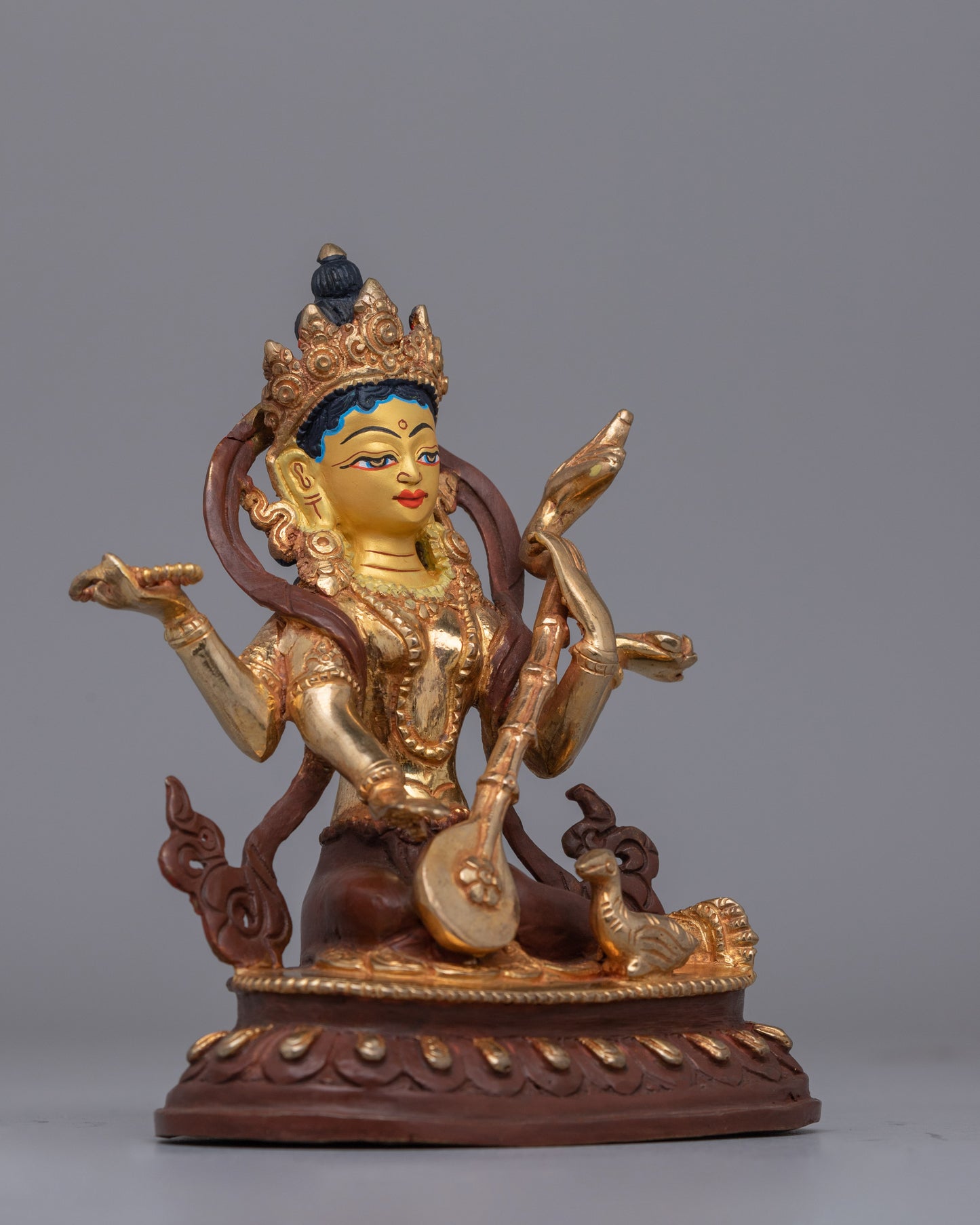 Handmade Gold plated Saraswati Statue | Oxidized Copper Wisdom Goddess Statue for Altars