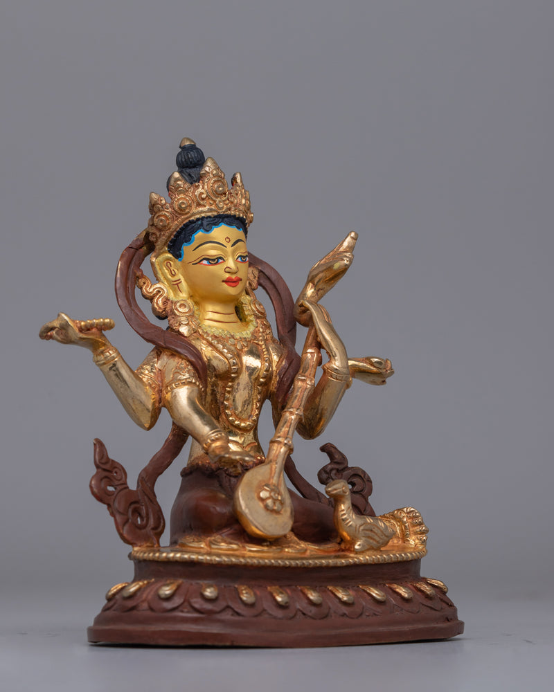 Handmade Gold plated Saraswati Statue | Oxidized Copper Wisdom Goddess Statue for Altars