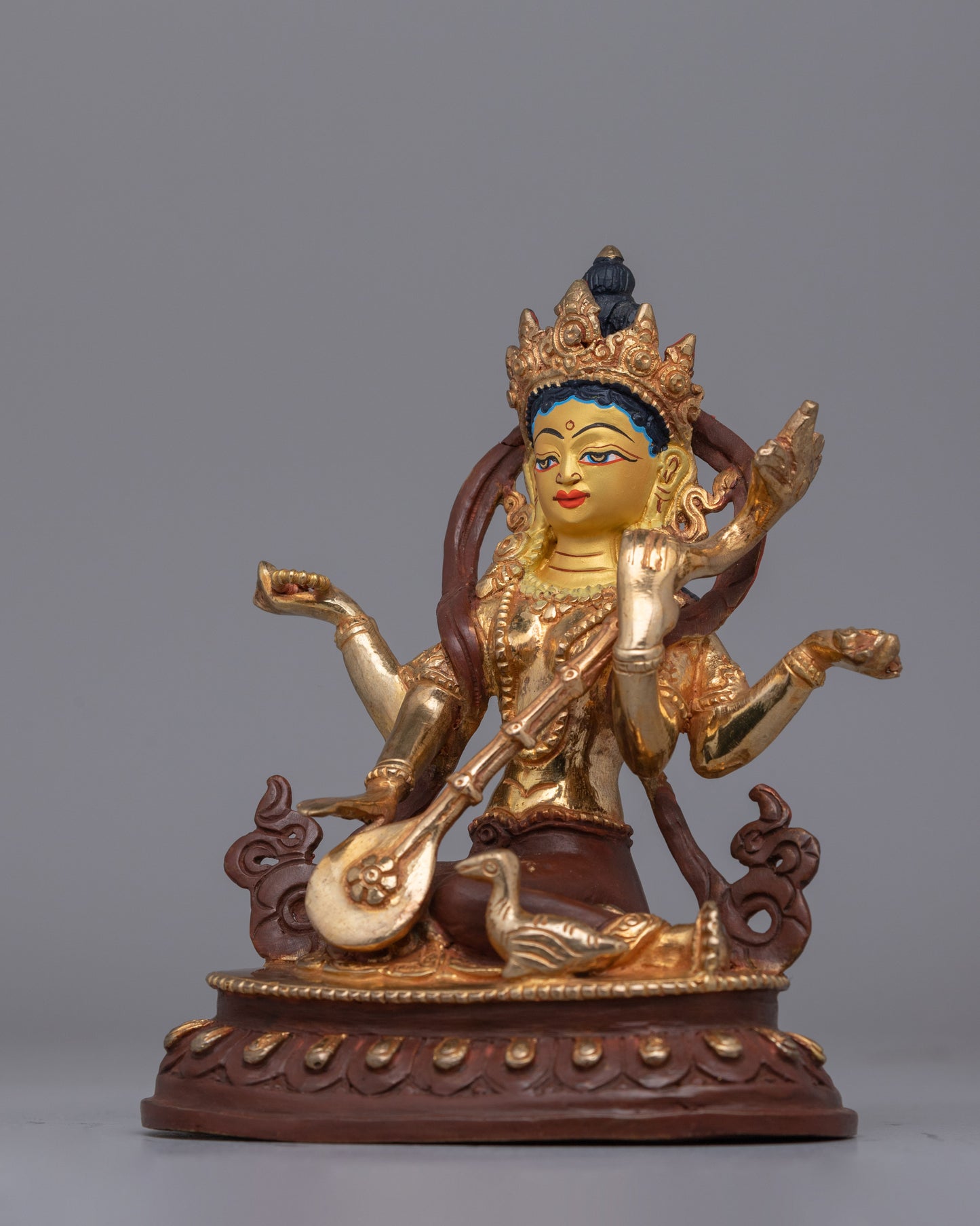 Handmade Gold plated Saraswati Statue | Oxidized Copper Wisdom Goddess Statue for Altars