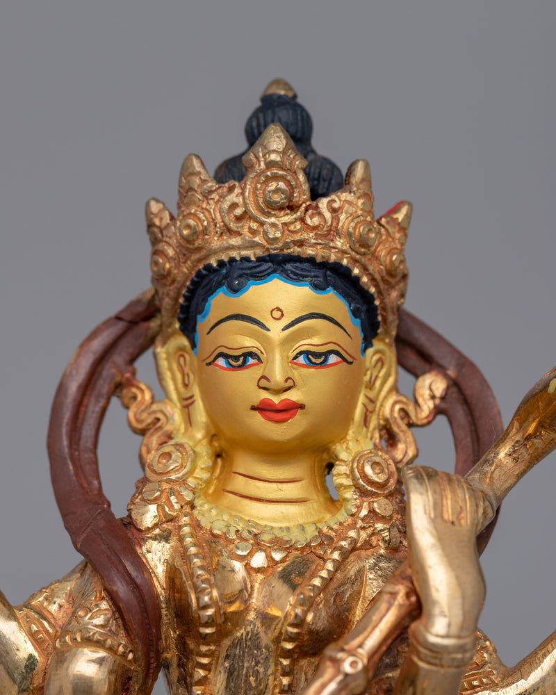 Handmade Gold plated Saraswati Statue | Oxidized Copper Wisdom Goddess Statue for Altars