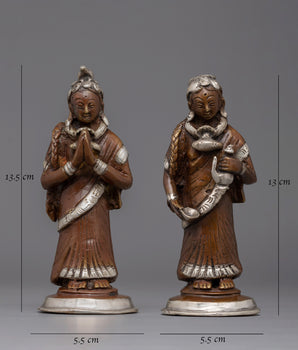 Oxidized Brass Newar Women Statues | Silver-Plated Ritual Figures, Nepalese Heritage Art