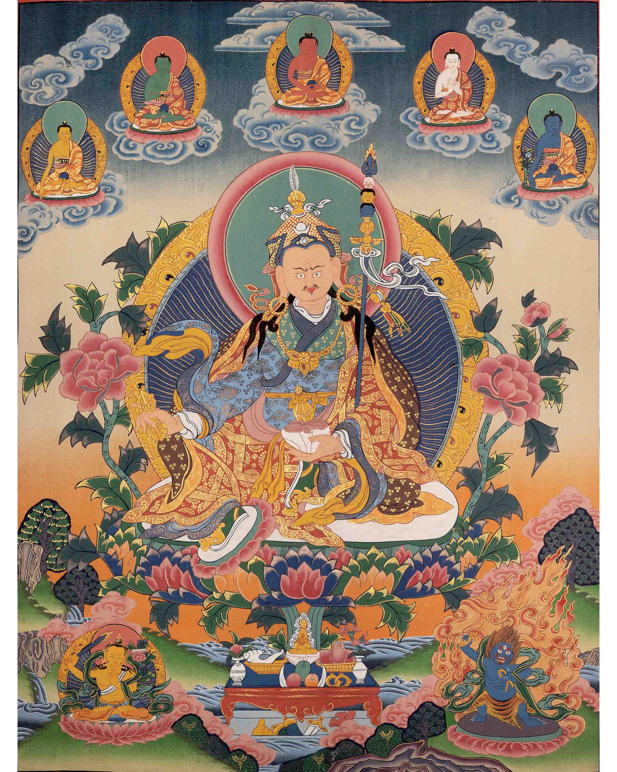 Handpainted Guru Rinpoche Surrounded By Dhyani Buddha Traditional Than