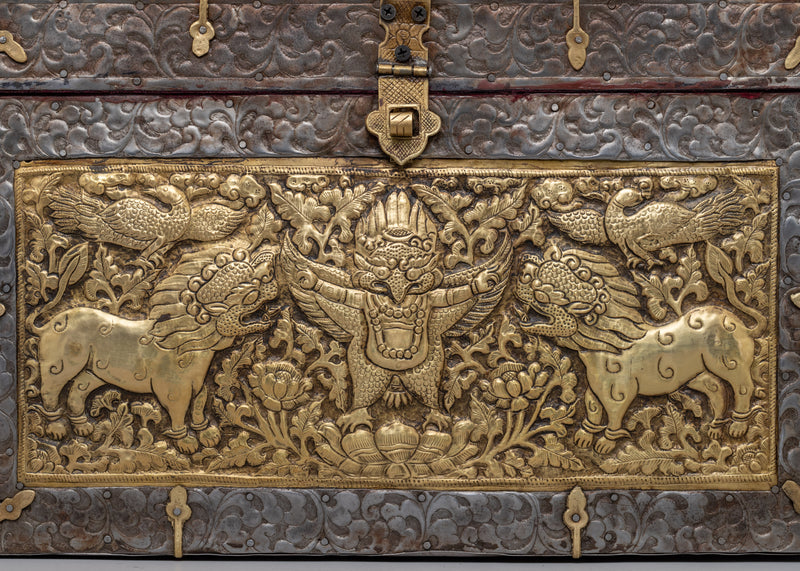 Sacred Tibetan Treasure Box | Iron & Brass Sacred Storage with Garuda Design