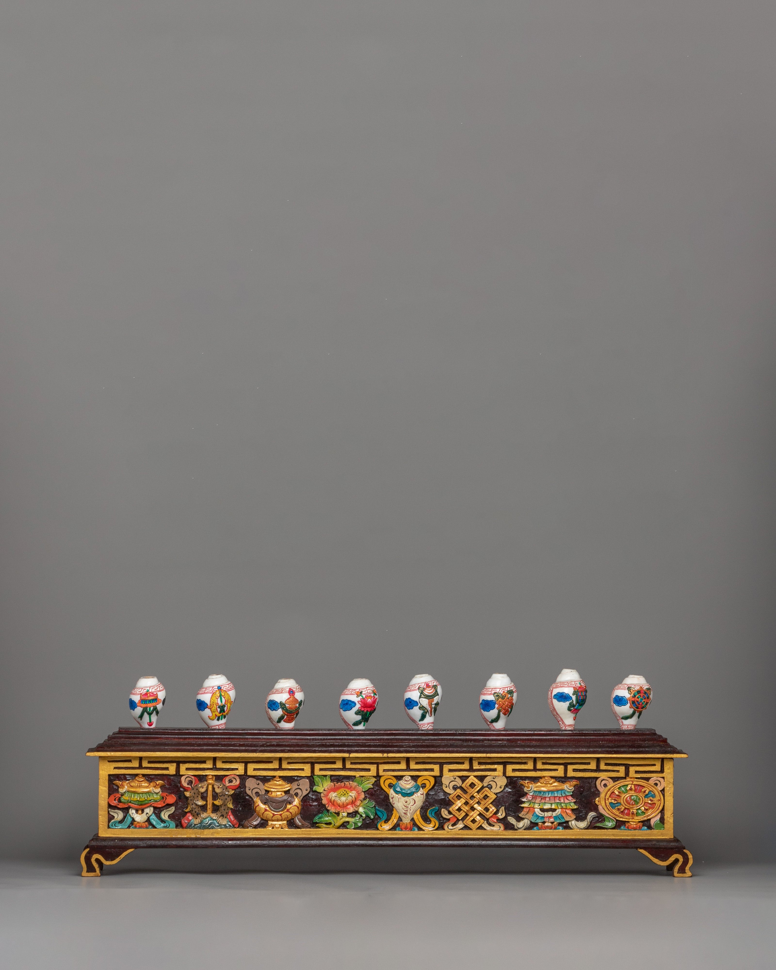 8 Auspicious Symbols Conch Shell Set with Wooden Stand