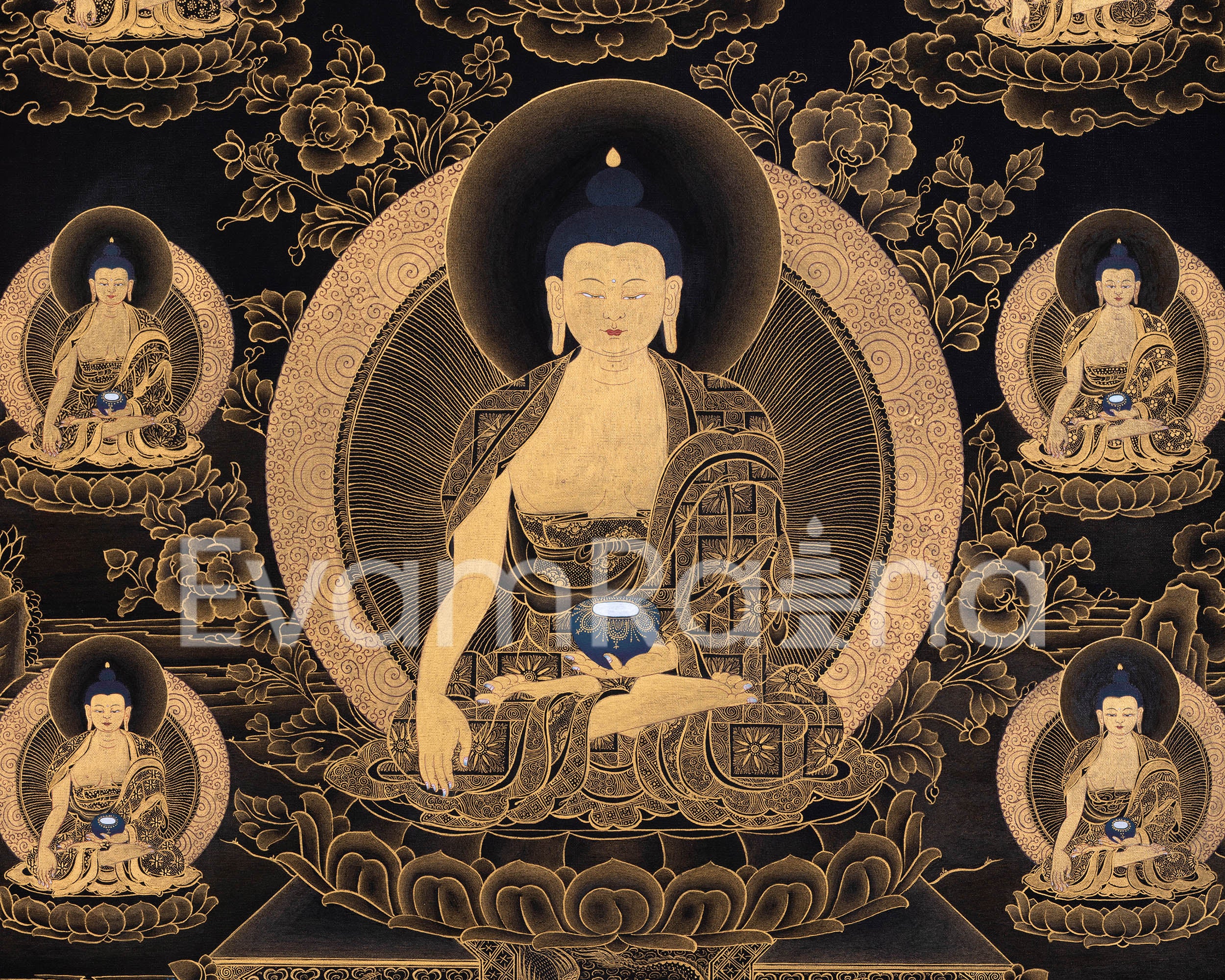 Eight Shakyamuni Buddha Thangka | Traditional Tibetan 24K Gold Buddhist Art