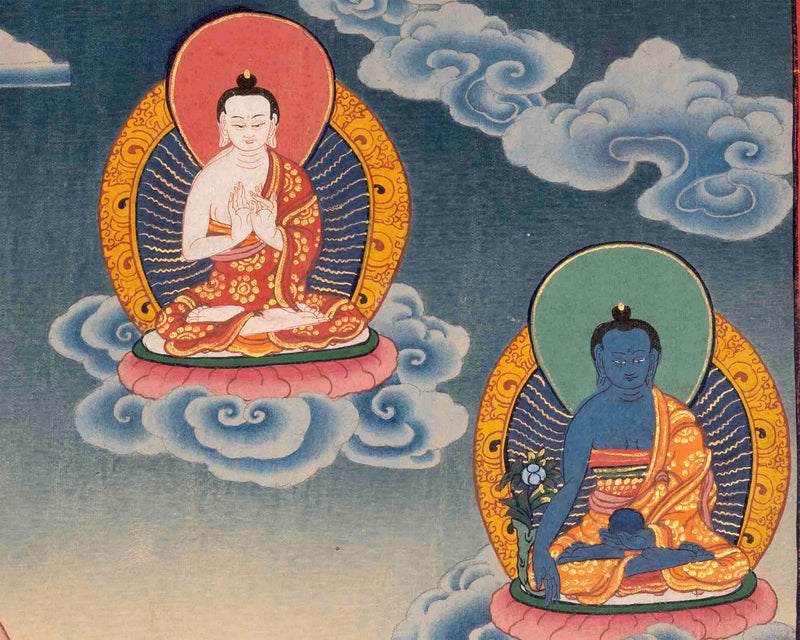 Handpainted Guru Rinpoche Surrounded By Dhyani Buddha Traditional Thangka |  Meditation And Yoga