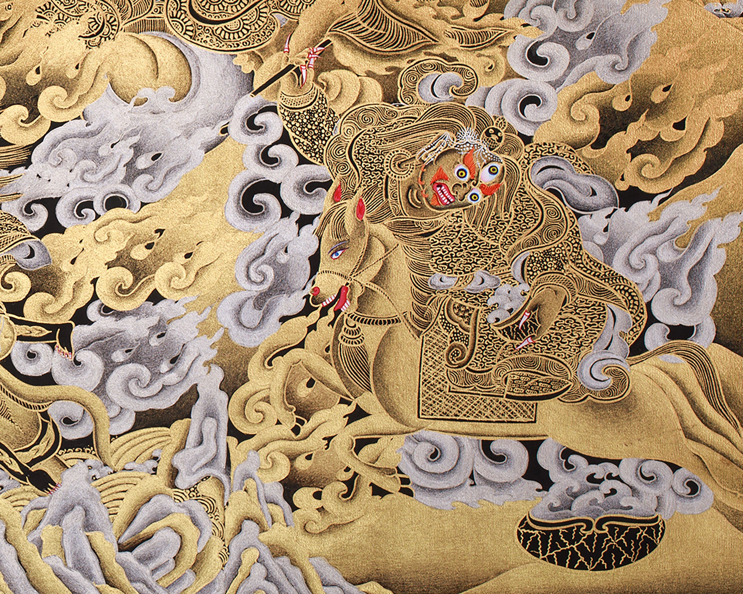 Majestic Gold & Silver Wrathful Six-Armed Mahakala Thangka | Protector of Dharma