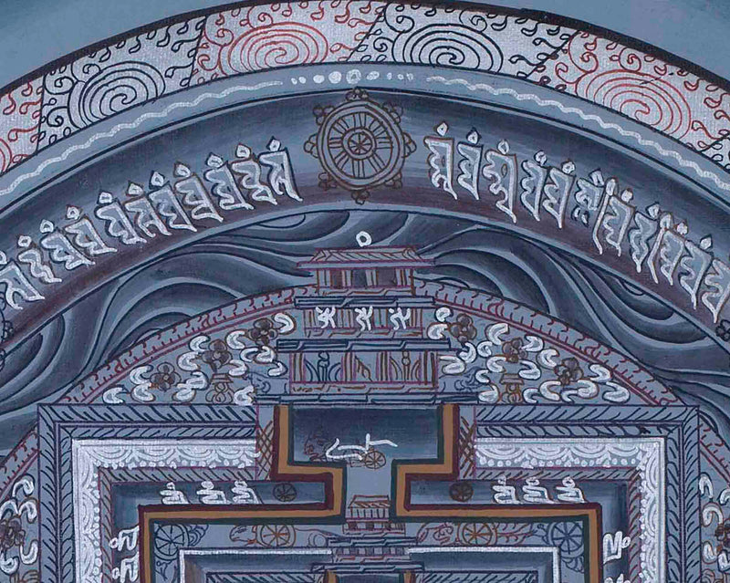 Grey Colored Kalachakra Mandala Thangka With Silver