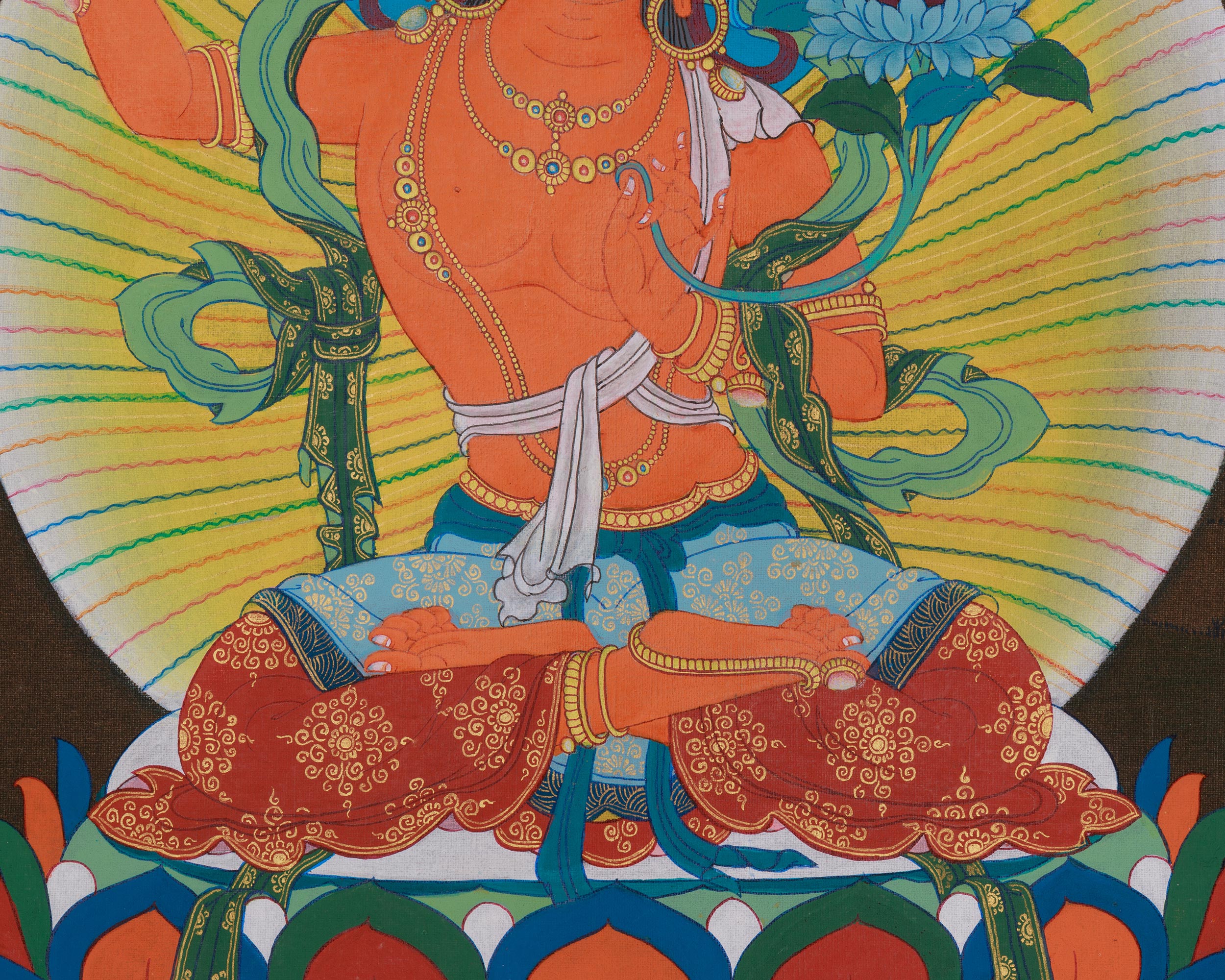 Sacred Thangka of Manjushri with Chenrezig and Vajrapani | Three Great Bodhisattvas